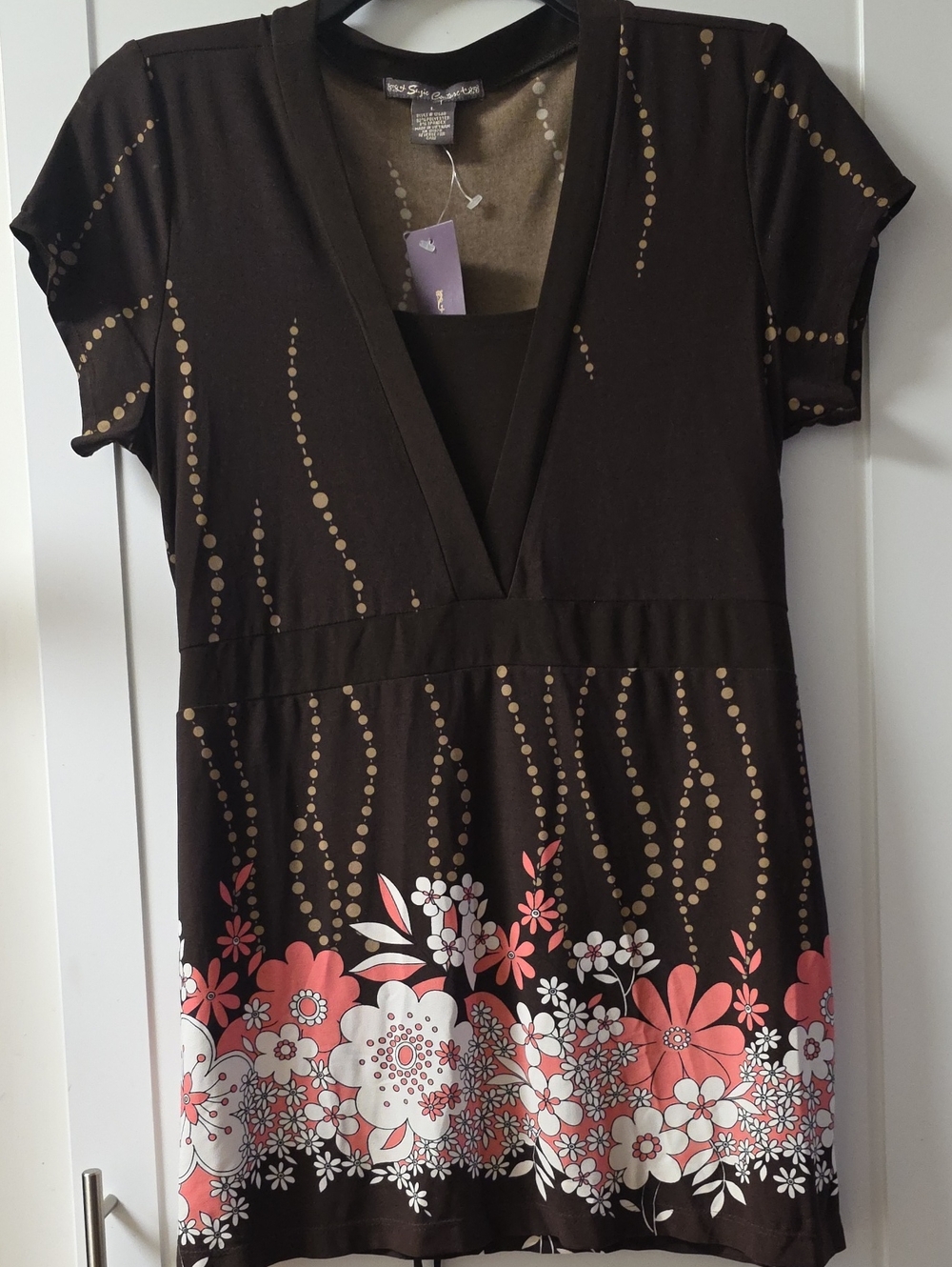 Suzie Couture Brown Floral V-Neck Tie Back Tunic Top with Coral & White Border L